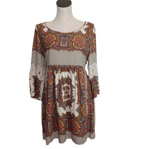 Umgee Boho Lace Trim Short Dress Brown Tan Size Large